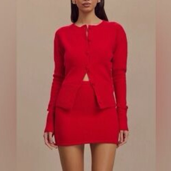 Meshki Red long sleeve Cardigan jacket and mini Skirt knit two piece Set XS